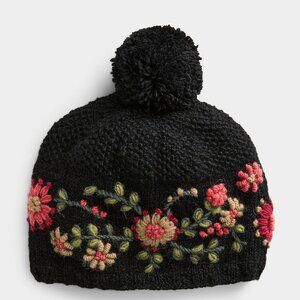 100% Wool Handknit Floral Pom Beanie Hat Fleece Lined Black